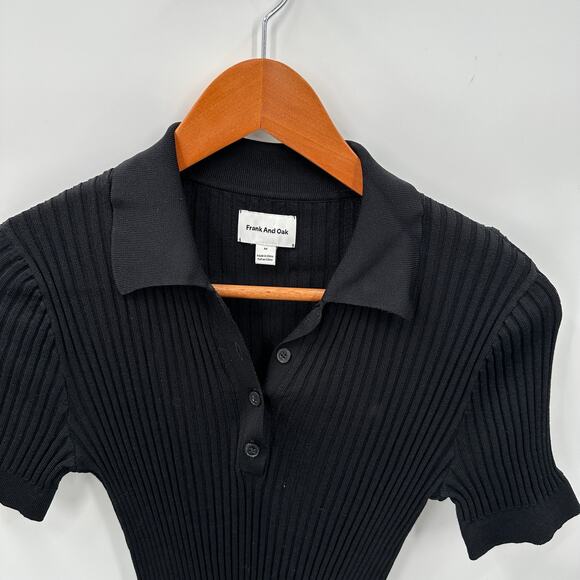 FRANK & OAK Ribbed Black Short Sleeve Collared Top // M - Picture 2 of 8